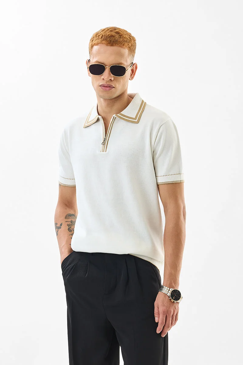 SNITCH Slim Fit Cotton White Flat Knit Polo T-Shirt